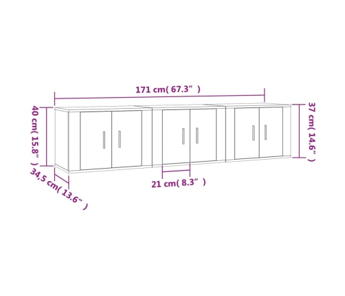 Muebles de TV de pared 3 uds blanco 57x34,5x40 cm