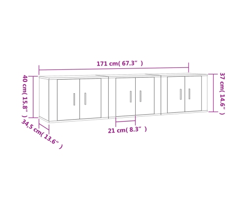 vidaXL Muebles para TV de pared 3 uds negro 57x34,5x40 cm