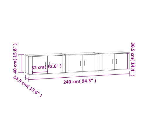 vidaXL Muebles para TV de pared 3 uds roble ahumado 80x34,5x40 cm