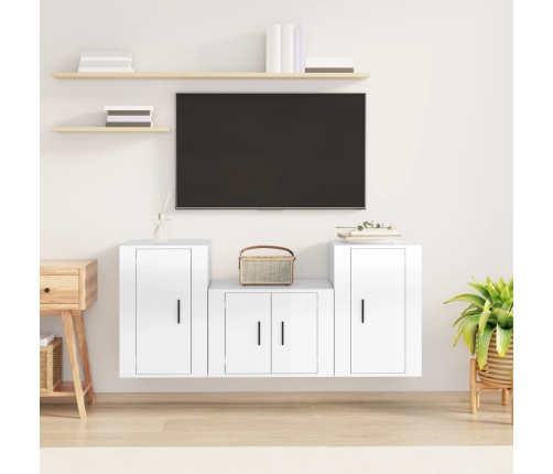 Set de muebles de TV 3 pzas madera contrachapada blanco brillo