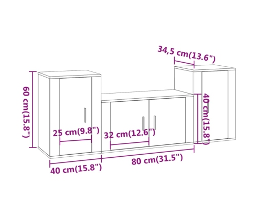 Set de muebles de TV 3 pzas madera contrachapada gris hormigón