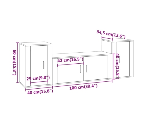 Set de muebles de TV 3 pzas madera contrachapada gris hormigón