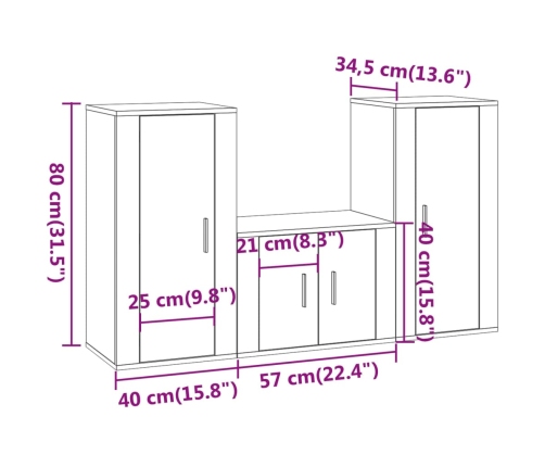 Set de muebles para TV 3 piezas madera contrachapada negro