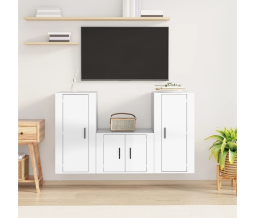 Set de muebles de TV 3 pzas madera contrachapada blanco brillo