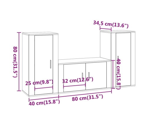 Set de muebles de TV 3 piezas madera contrachapada blanco