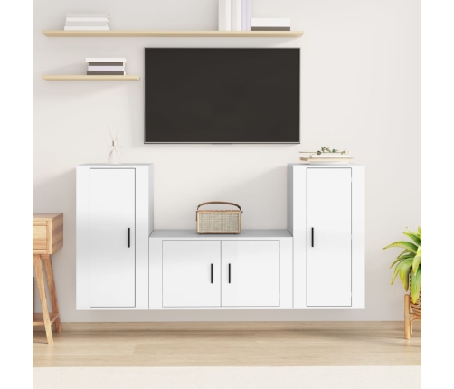 Set de muebles de TV 3 pzas madera contrachapada blanco brillo