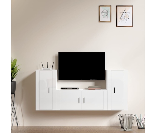 Set de muebles de TV 3 pzas madera contrachapada blanco brillo