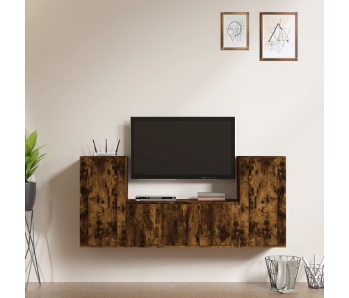 Set de muebles de TV 3 pzas madera contrachapada roble ahumado