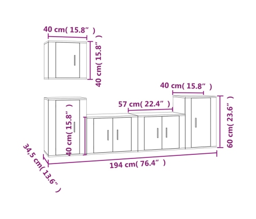 Set de muebles para TV 5 pzas madera contrachapada roble Sonoma