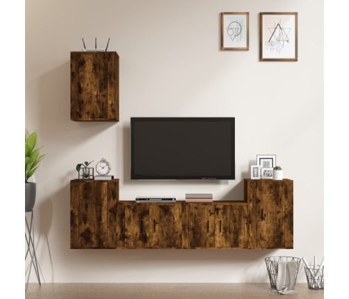 Set de muebles de TV 5 pzas madera contrachapada roble ahumado