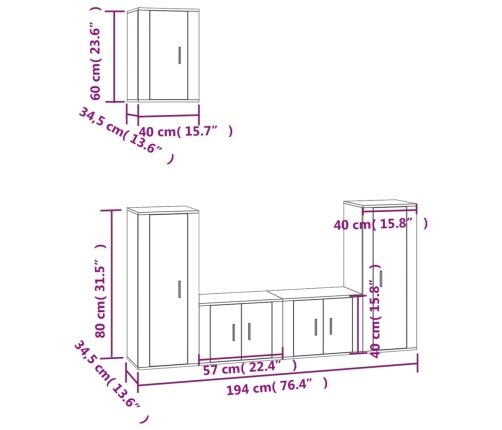 Set de muebles para TV 5 pzas madera contrachapada roble Sonoma