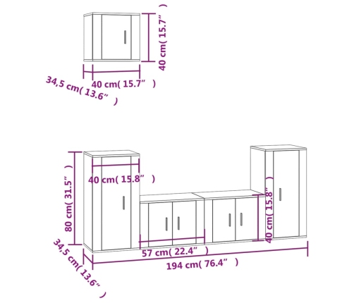 Set de muebles para TV 5 pzas madera contrachapada roble Sonoma