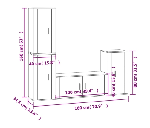 vidaXL Set de muebles para TV 4 pzas madera contrachapada gris Sonoma