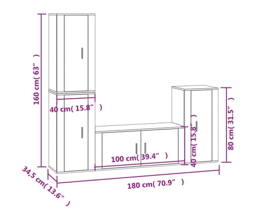 Set de muebles para TV 4 pzas madera contrachapada marrón roble