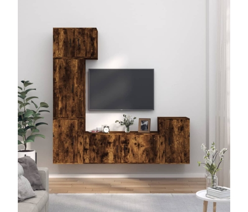 Set de muebles de TV 5 pzas madera contrachapada roble ahumado