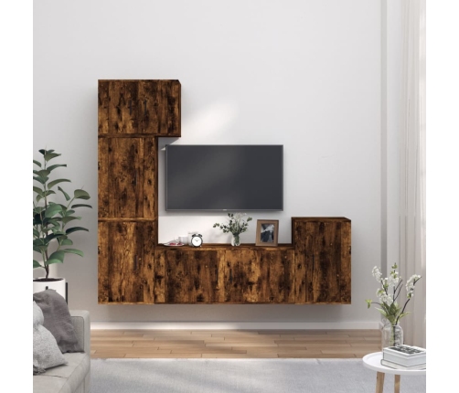 Set de muebles de TV 5 pzas madera contrachapada roble ahumado