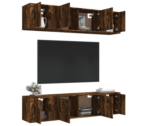 Set de muebles de TV 6 pzas madera contrachapada roble ahumado