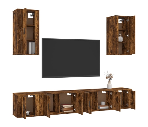 Set de muebles de TV 6 pzas madera contrachapada roble ahumado