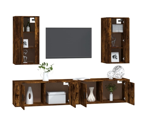 Set de muebles de TV 4 pzas madera contrachapada roble ahumado