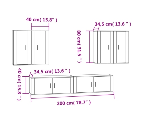 Set de muebles de TV 6 pzas madera contrachapada gris hormigón