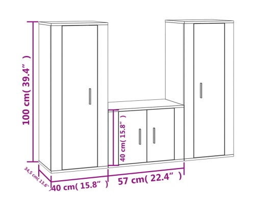 Set de muebles de TV 3 piezas madera contrachapada blanco