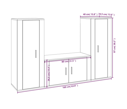 Set de muebles de TV 3 piezas madera contrachapada blanco