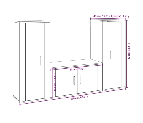 Set de muebles de TV 3 pzas madera contrachapada blanco brillo