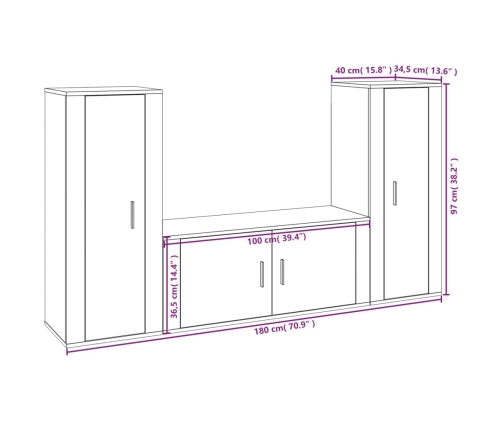 vidaXL Set de muebles de TV 3 pzas madera contrachapada gris hormigón