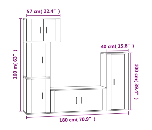 Set de muebles de TV 5 pzas madera contrachapada roble ahumado