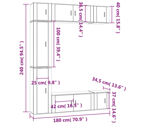 vidaXL Set de muebles de TV 7 pzas madera contrachapada gris hormigón