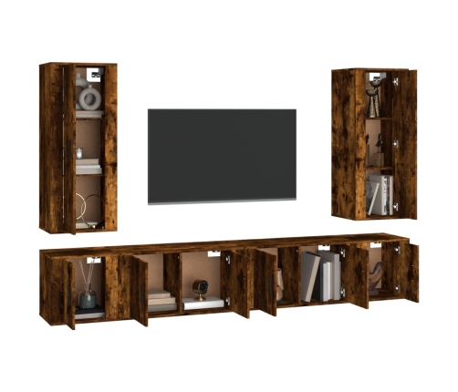 Set de muebles de TV 6 pzas madera contrachapada roble ahumado