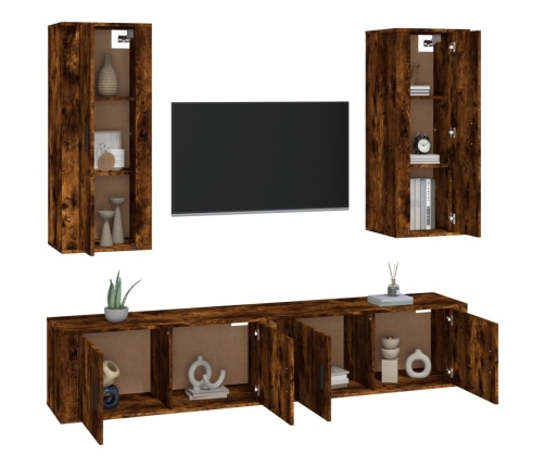 Set de muebles de TV 4 pzas madera contrachapada roble ahumado