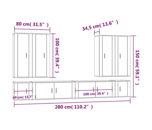 vidaXL Set de muebles de TV 8 pzas madera contrachapada gris hormigón