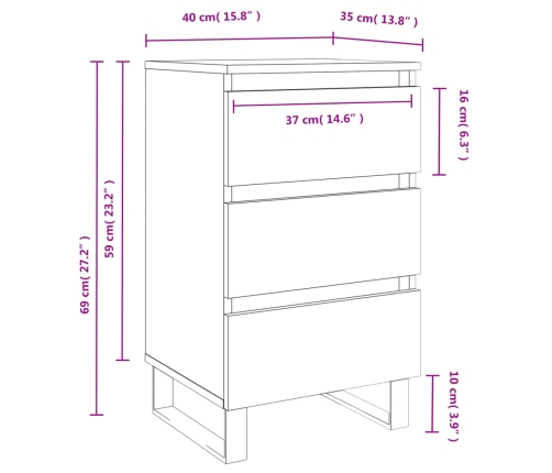 Mesitas noche 2 uds madera ingeniería blanco brillo 40x35x69 cm