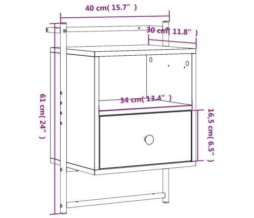 Mesita de noche de pared madera de ingeniería negra 40x30x61 cm