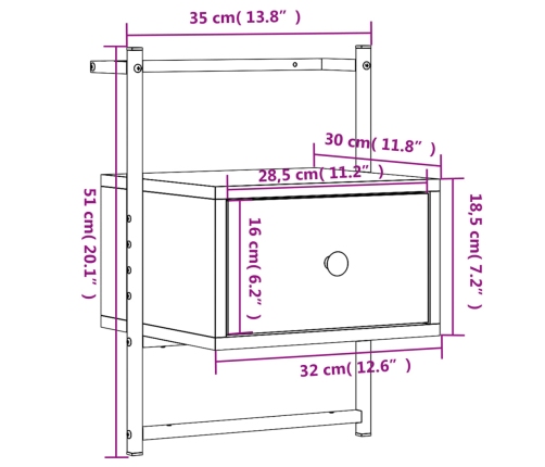 Mesita de noche de pared madera de ingeniería negra 35x30x51 cm