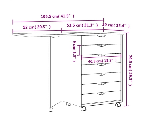 Cajonera con ruedas y escritorio MOSS madera pino marrón miel