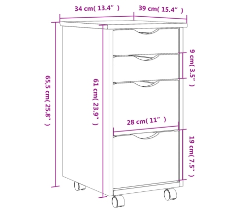 Cajonera con ruedas MOSS madera maciza de pino blanco