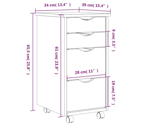 Cajonera con ruedas MOSS madera maciza de pino blanco