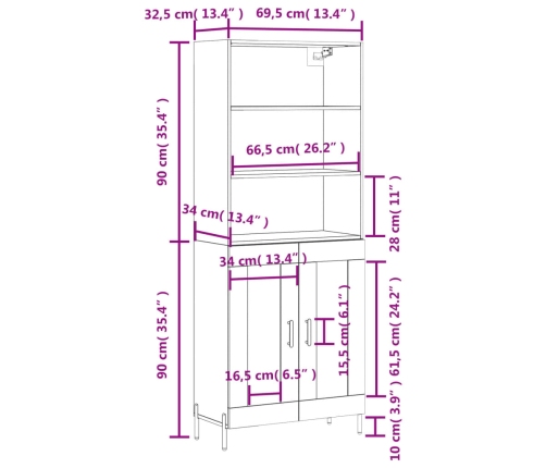 Aparador alto madera contrachapada roble ahumado 69,5x34x180 cm