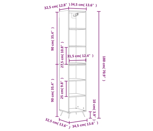 Aparador alto contrachapada blanco brillante 34,5x32,5x180 cm