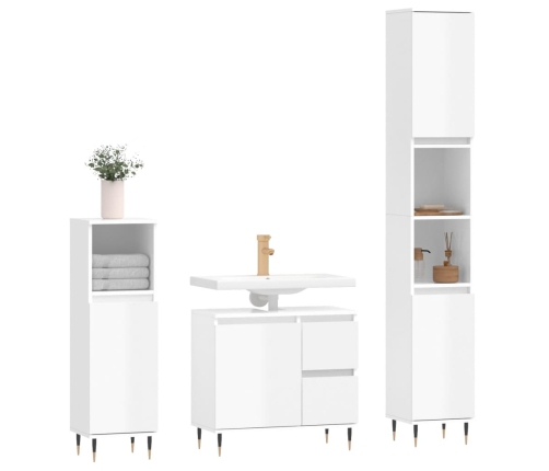 Set muebles de baño 3 piezas madera contrachapada blanco brillo