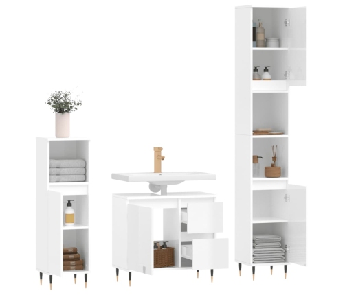 Set muebles de baño 3 piezas madera contrachapada blanco brillo