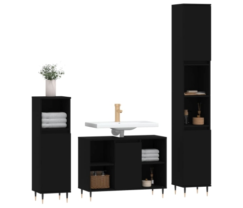 Juego de muebles de baño 3 pzas madera contrachapada negro