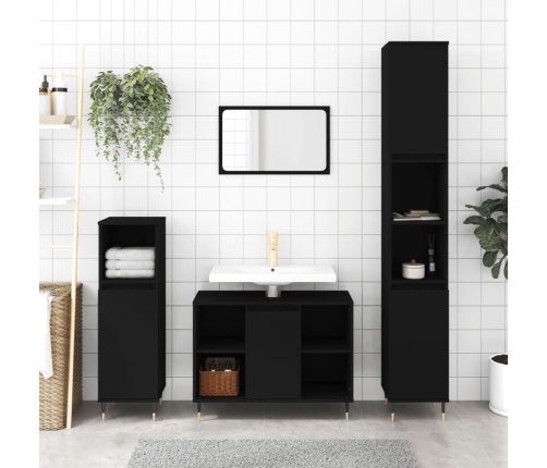 Juego de muebles de baño 3 pzas madera contrachapada negro