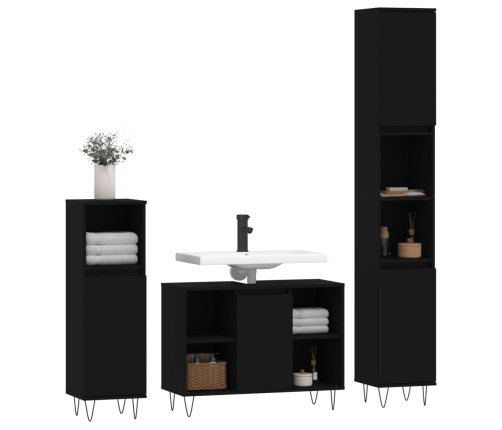 Juego de muebles de baño 3 pzas madera contrachapada negro