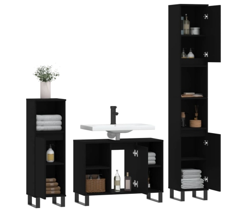 Juego de muebles de baño 3 pzas madera contrachapada negro