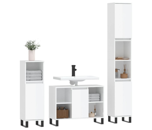 Set muebles de baño 3 piezas madera contrachapada blanco brillo