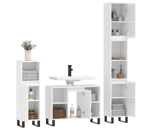 Set muebles de baño 3 piezas madera contrachapada blanco brillo