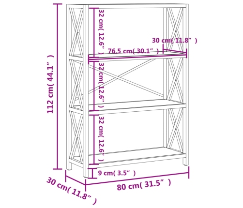 Estantería de 4 niveles madera maciza de roble 80x30x112 cm